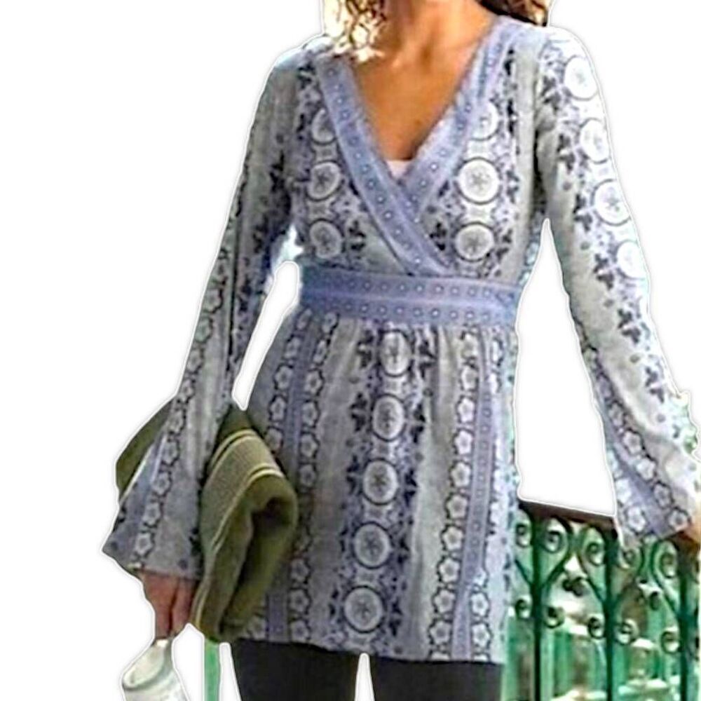 Athleta Womens Dress Sz Medium Mini Gray Lavender Tunic Wrap Stretch Cottagecore
